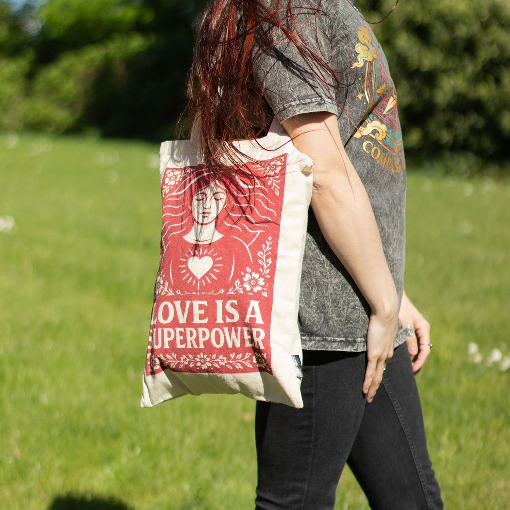 Nomad Sari Iconic Toni Tote Bag with Love is a Super Power Design