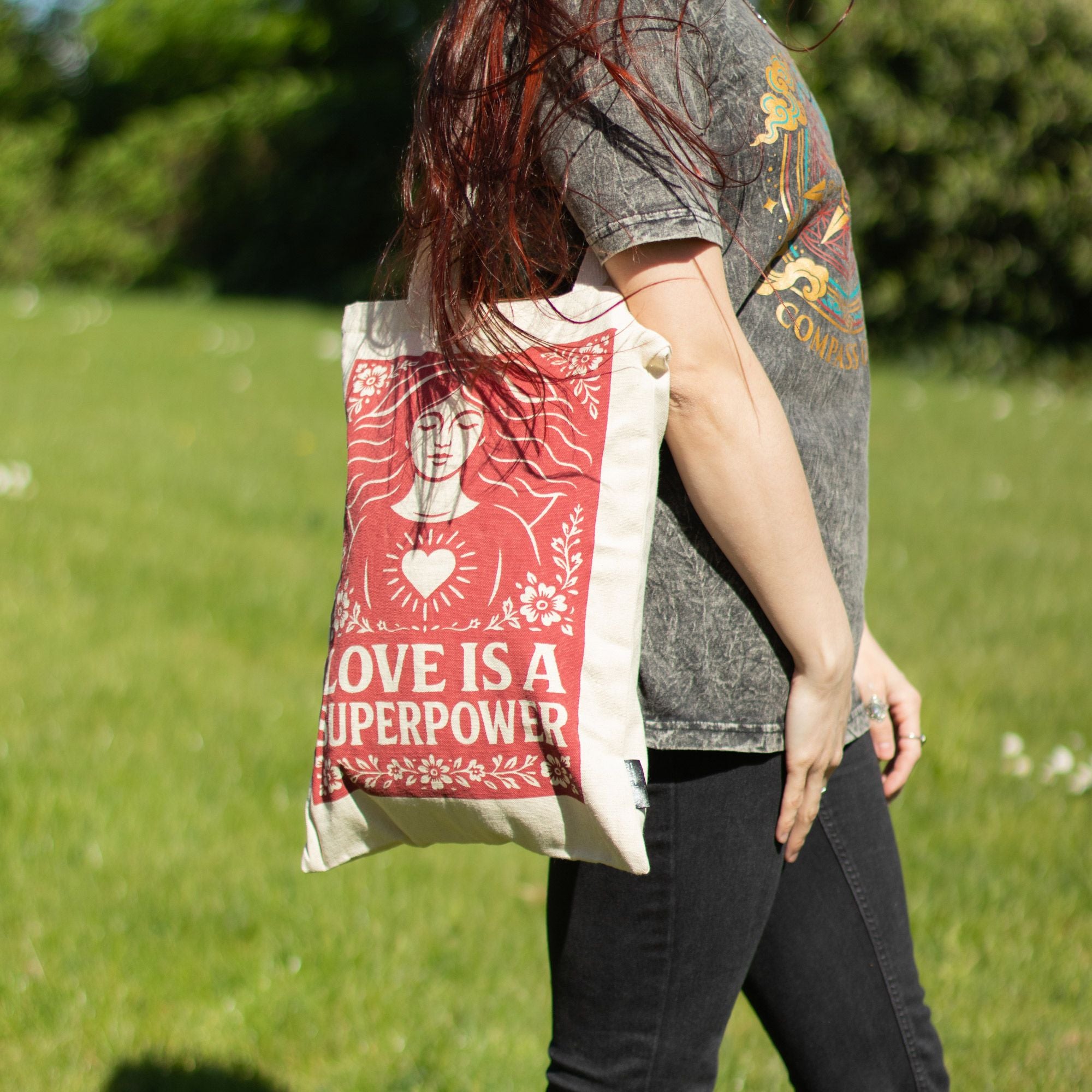 Nomad Sari Iconic Toni Tote Bag with Love is a Super Power Design