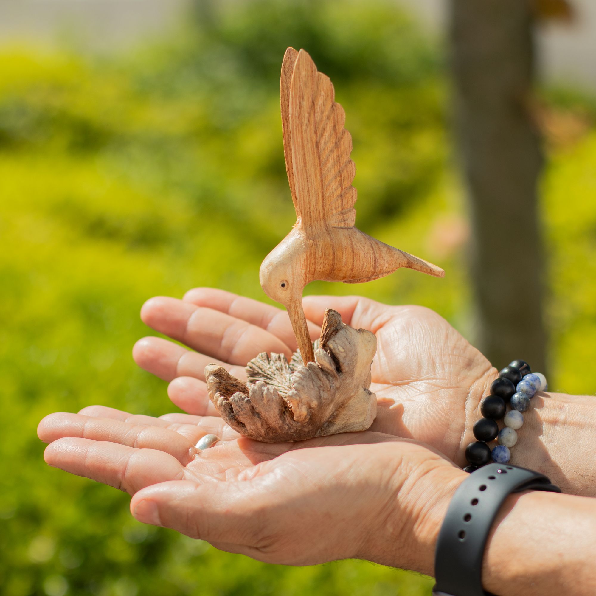 Handmade Parasite Wood Art Carving of Hummingbird Drinking Nectar