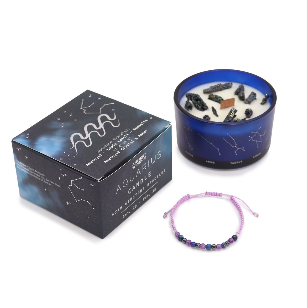 Aquarius Zodiac Crystal Candle Gift Set with Gemstone Bracelet