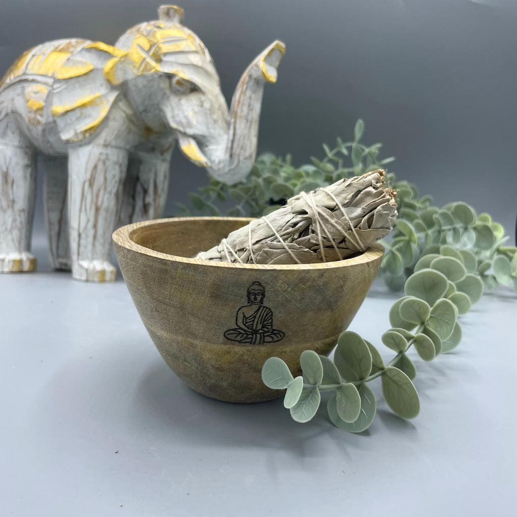Wooden Smudge Bowl with Buddha Design for Ritual Offerings