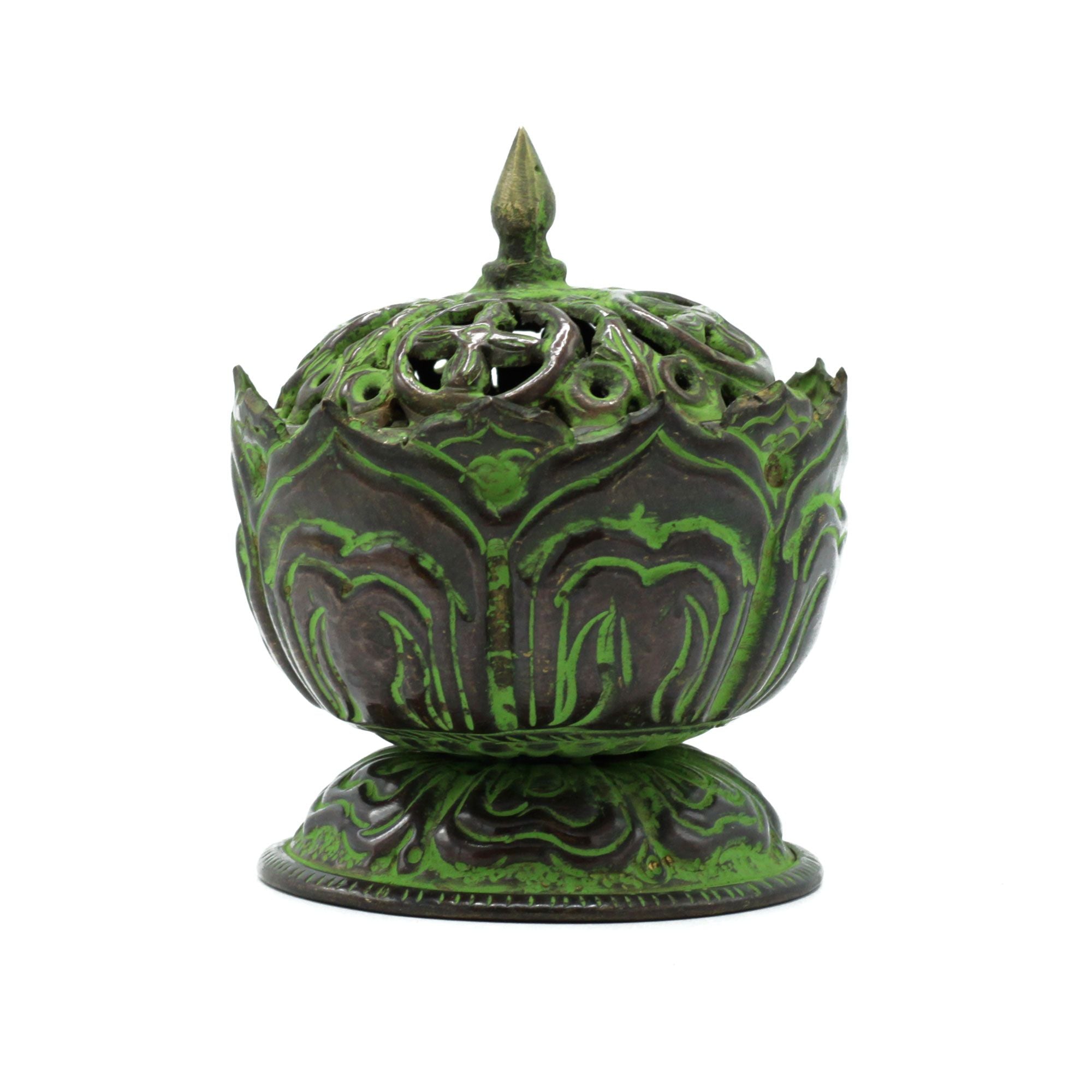 Brass Verdigris Tibetan Incense Burner Small Lotus Design for Home