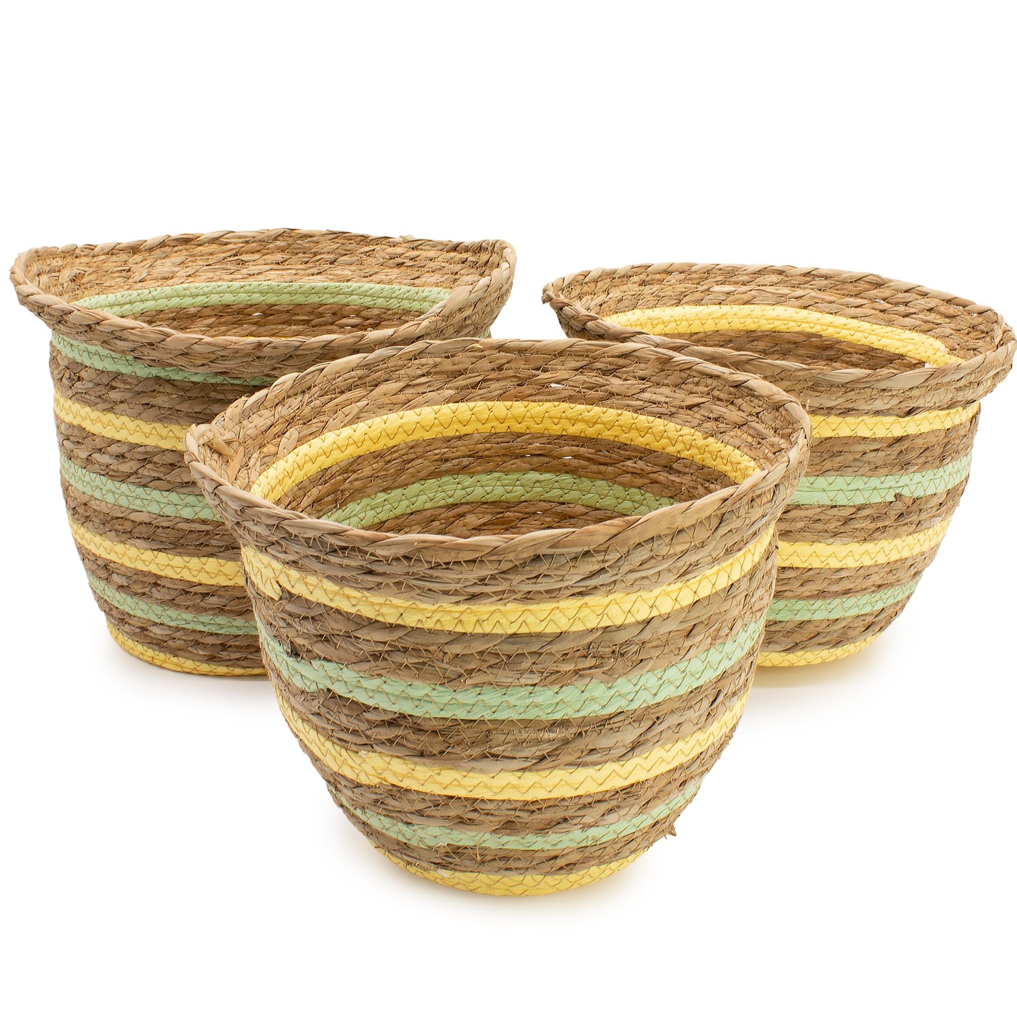 Seagrass & Straw Vase Shaped Baskets Set of 3 in Yellow & Green