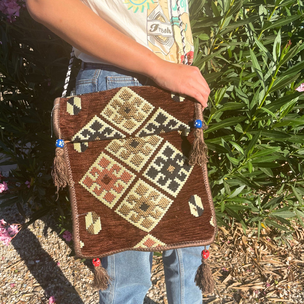 Chocolate Kilim Messenger Festival Bag with Intricate Patterns