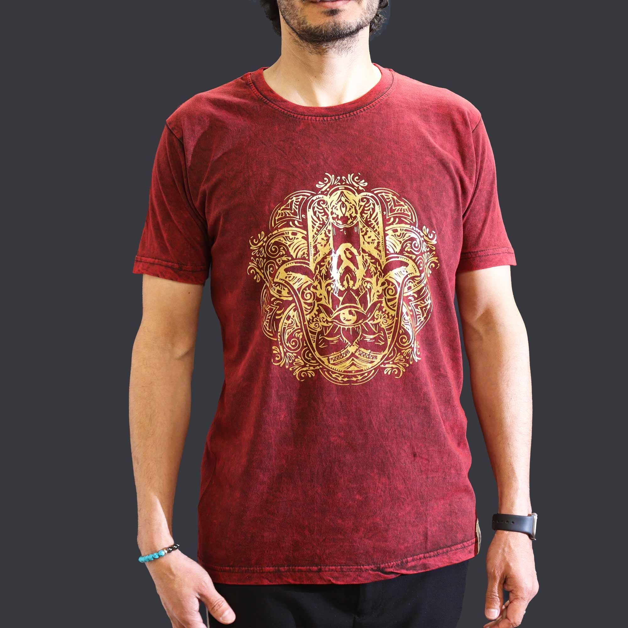 Nomad Sari Stonewashed Cotton T Shirt with Hamsa Design Maroon
