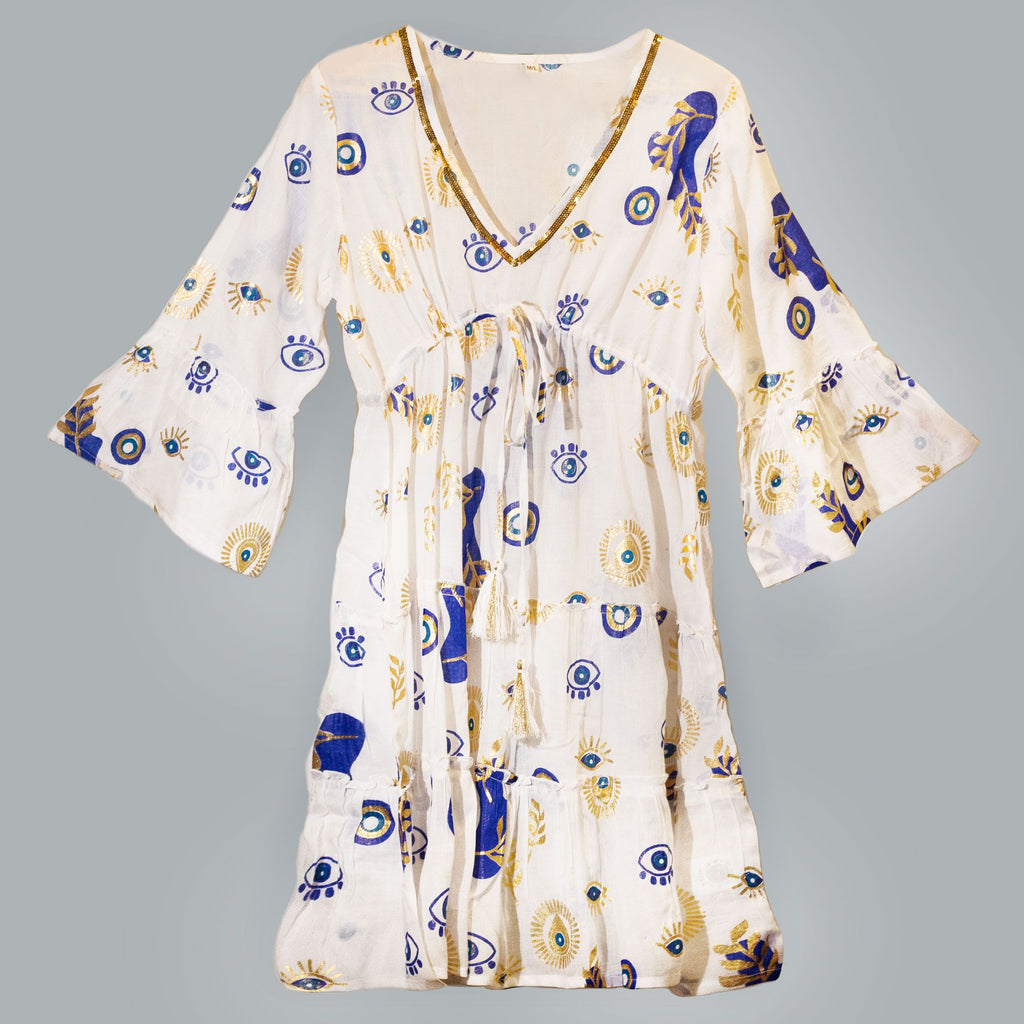 Nomad Sari Evil Eye Dress in White Blue and Gold Size L/XL