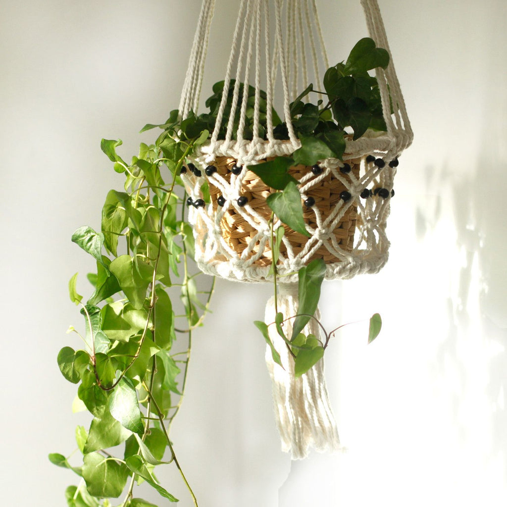 Large Single Beaded Macrame Pot Holder for Home Decor Display