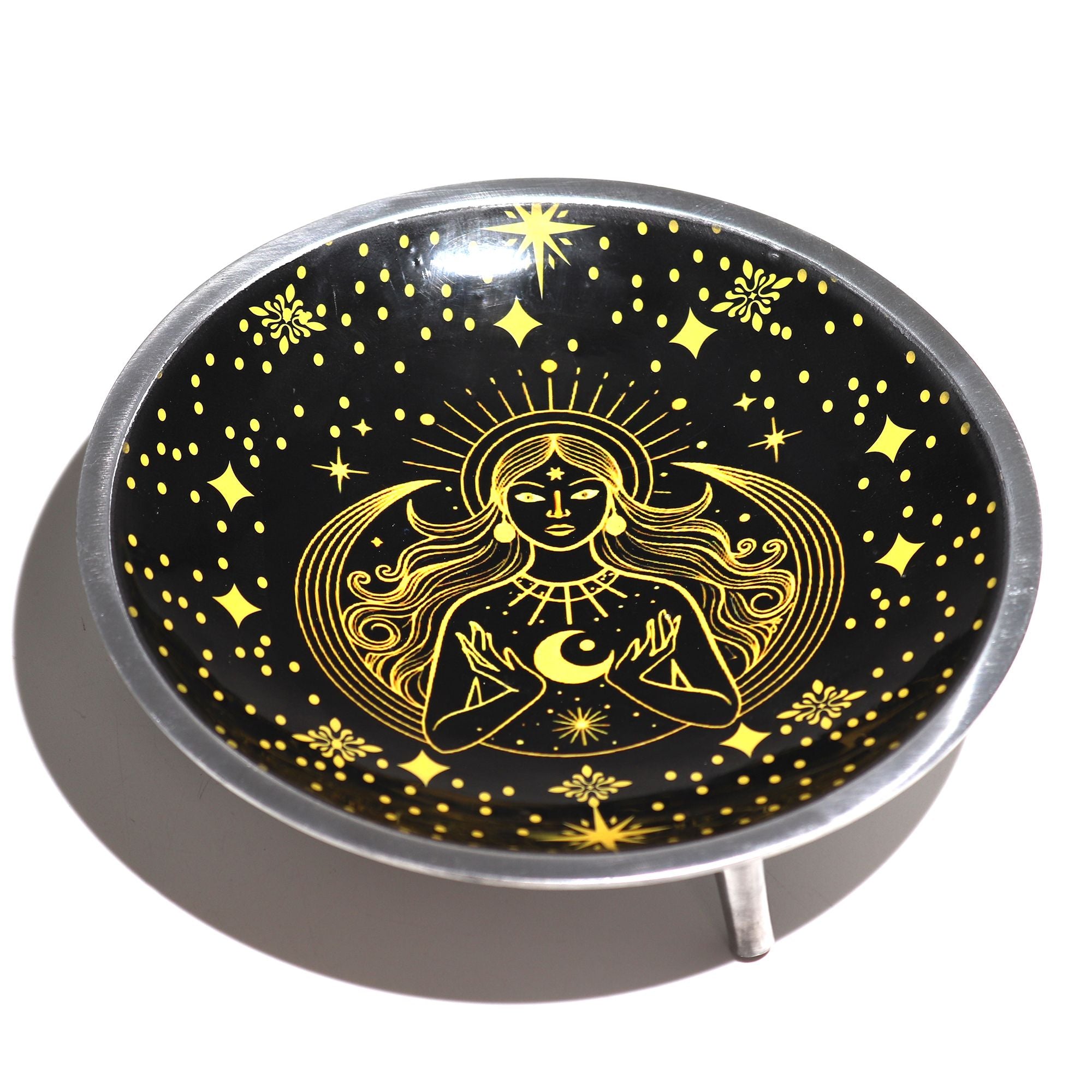 Triple Leg Enamelled Offering Plate - Gold Goddess on Black