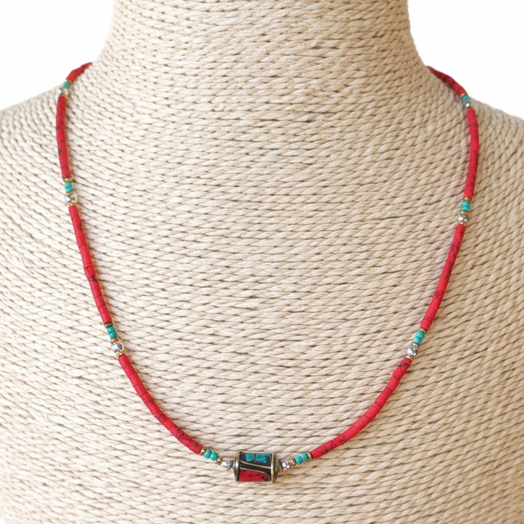 Nepalese Extra Fine Gem Necklace with Coral Tribal Bead Design