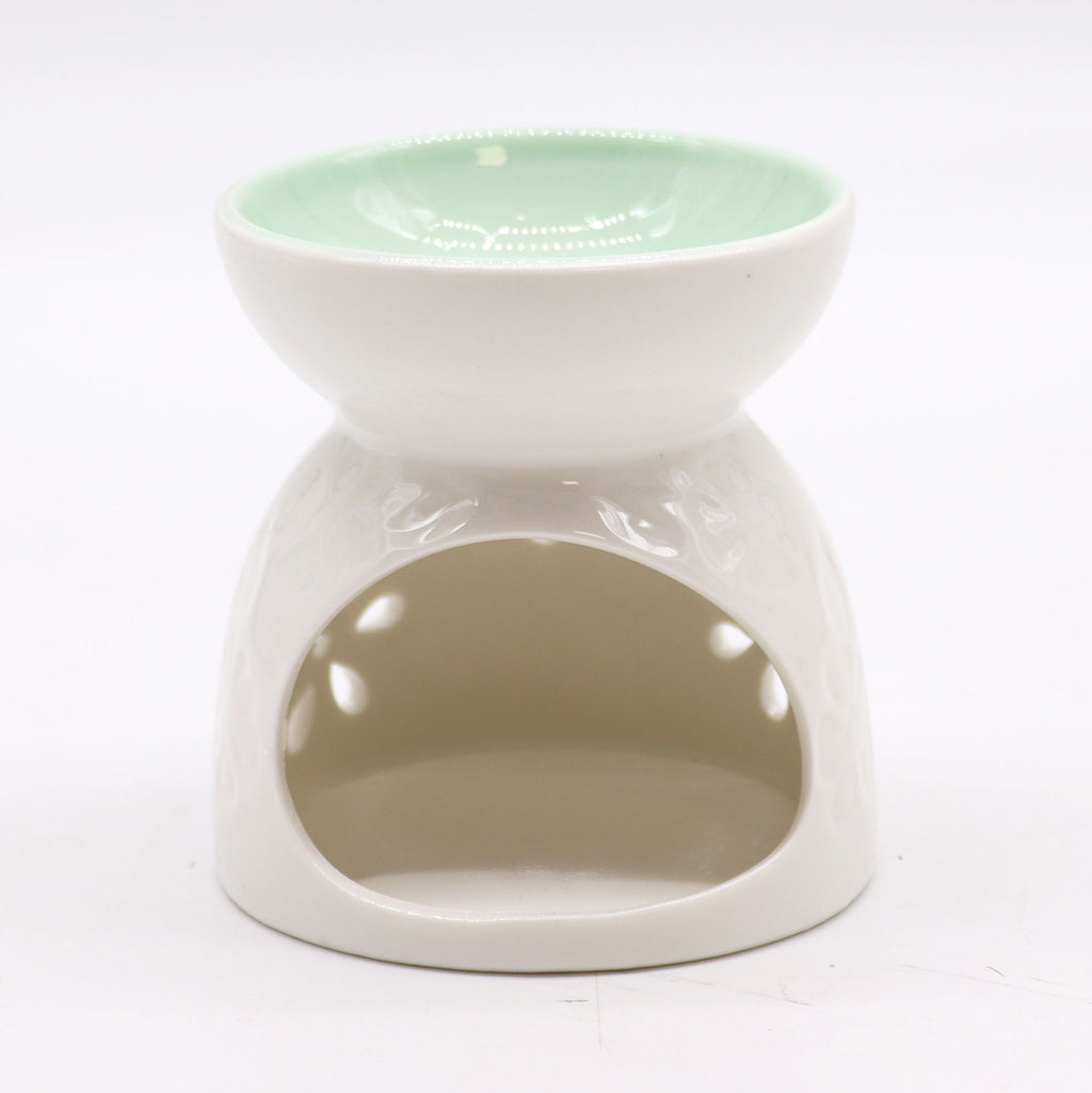 Classic White Oil Burner with Floral Design and Teal Well Feature