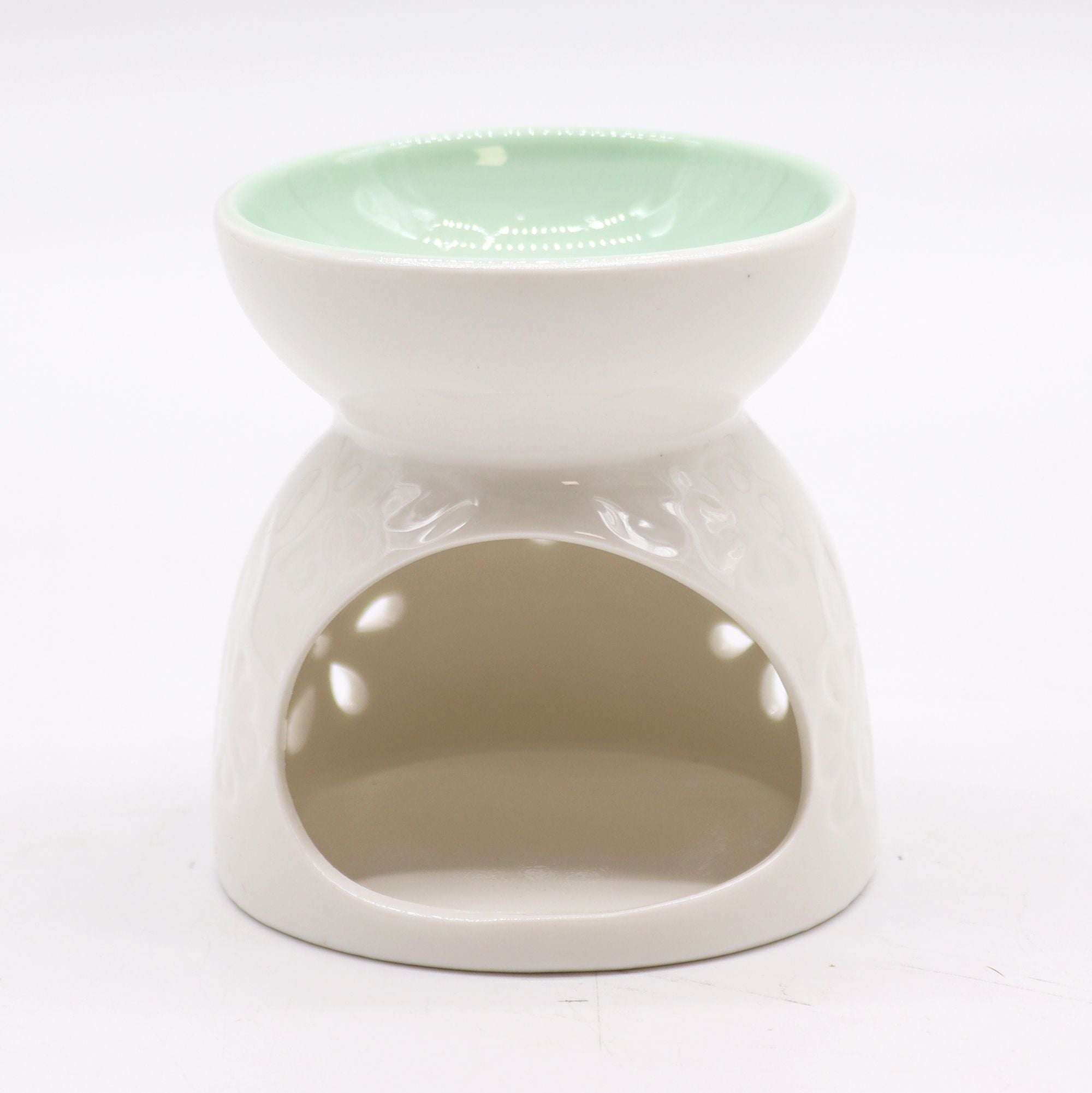 Classic White Oil Burner with Floral Design and Teal Well Feature