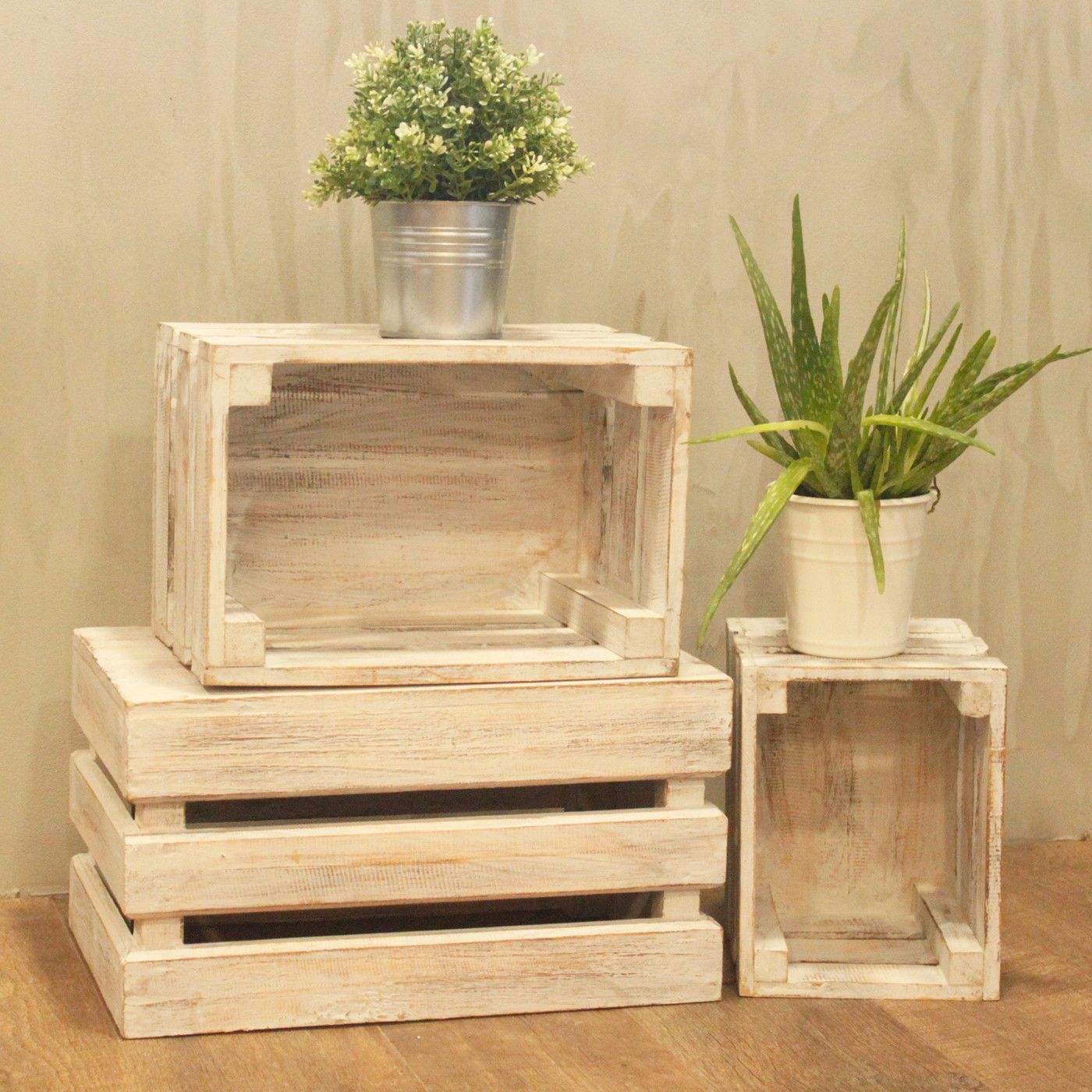 Wooden Storage Crates Set of 3 in Whitewash for Home Organisation