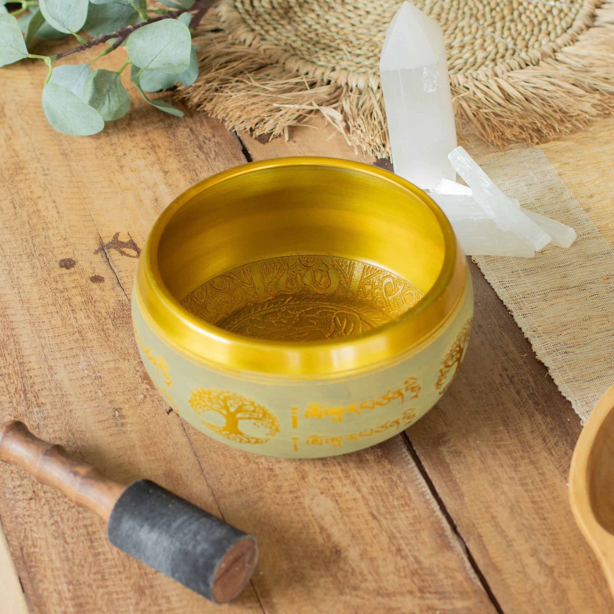 Large Aluminum Singing Bowl with Buddha and Tree of Life Design