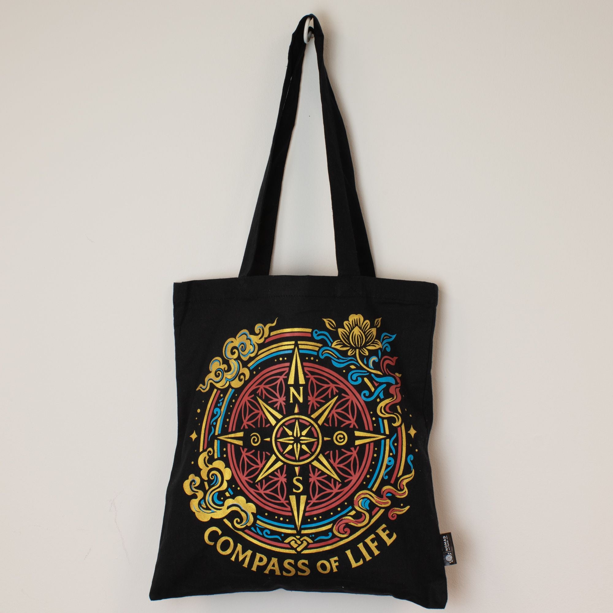 Iconic Classic Tote Bag with Compass of Life Black Cotton Design
