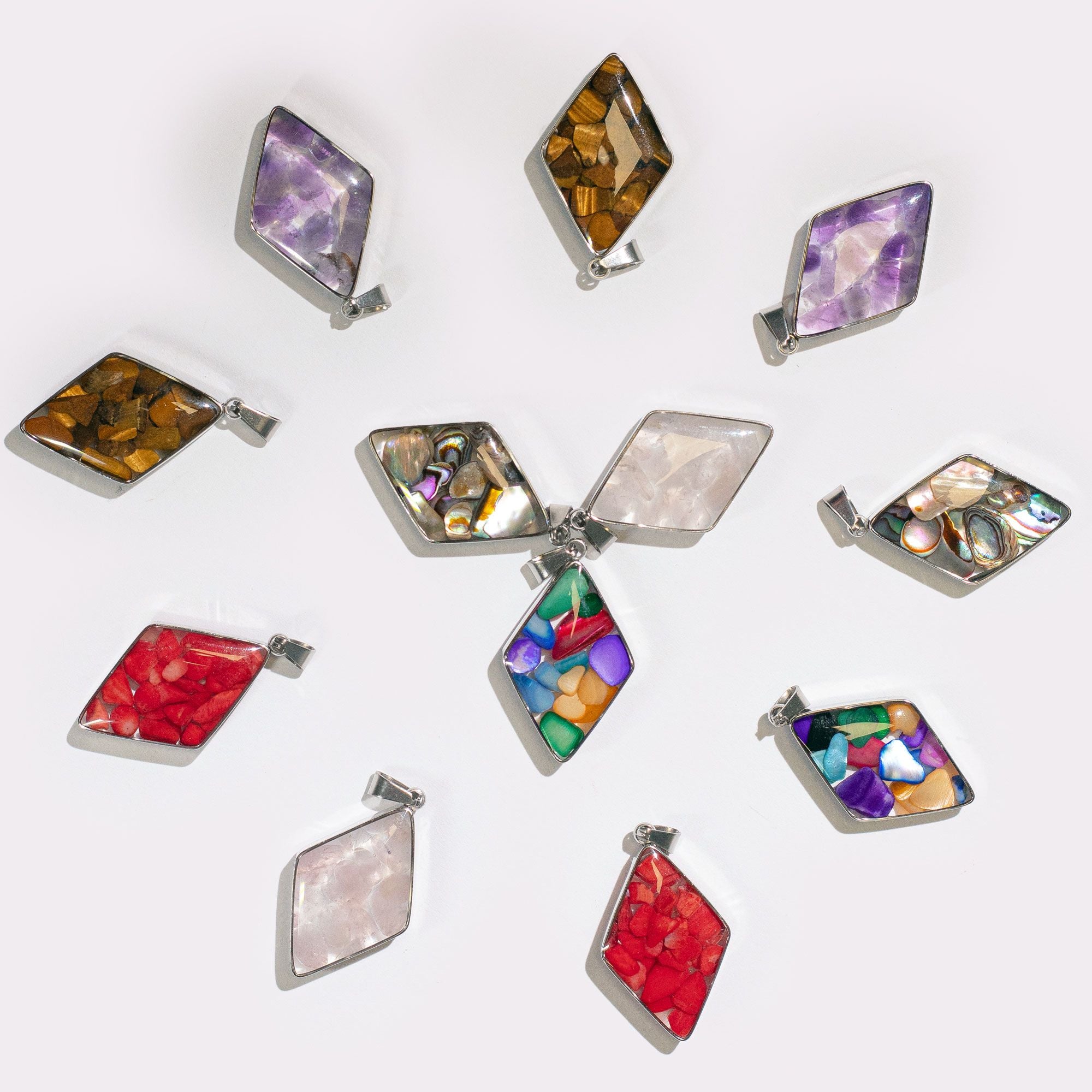 Steel Cased Pendant Diamonds with 12 Assorted Gemstone Chips