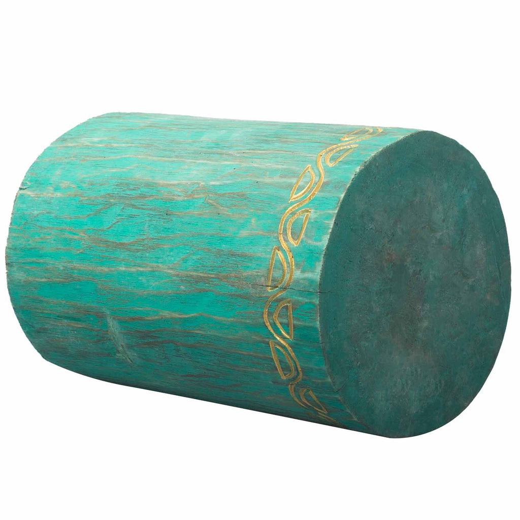 Tribal Stool Table in Turquoise Unique Albasia Wood Design Piece