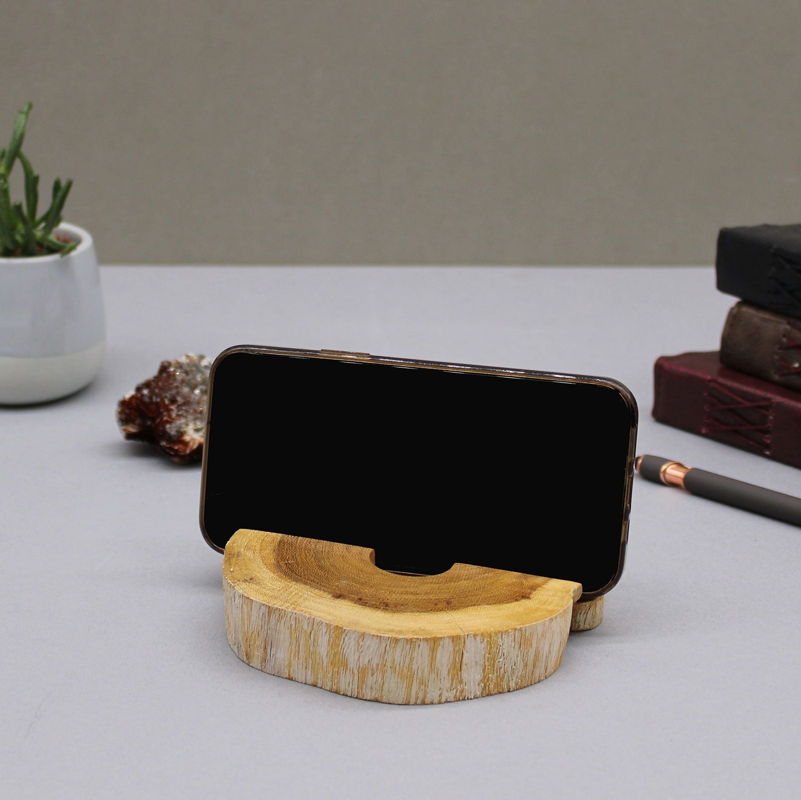 Lrg Gamal Wood Phone Holder with Whitewash Finish for Modern Decor