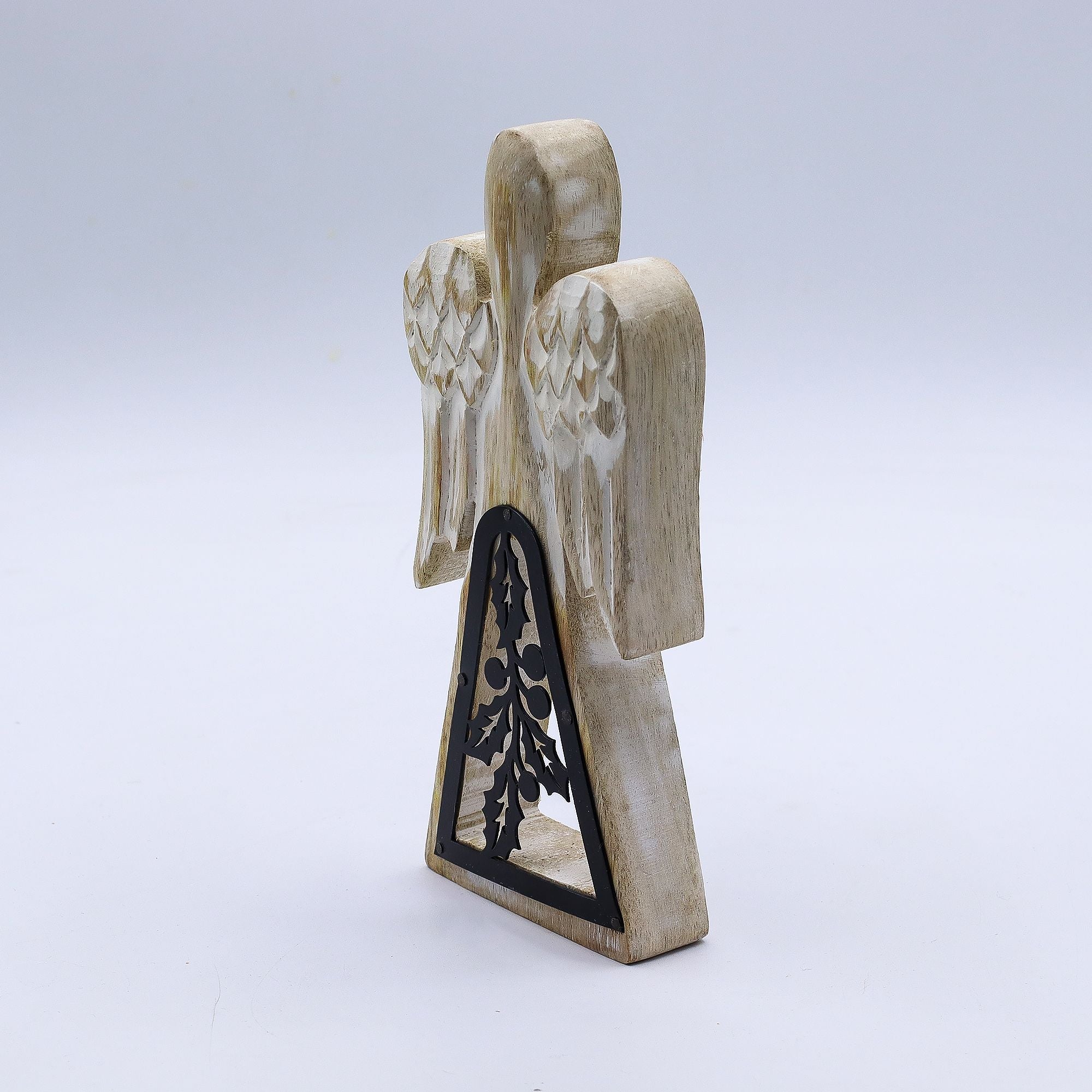 Mango Wood Angel with Iron Decor Cut Out in Whitewash Finish