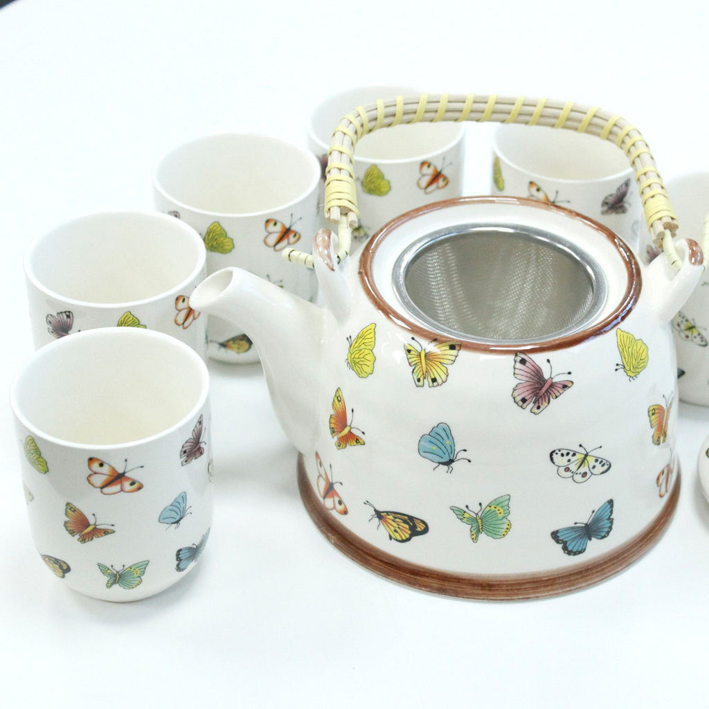Herbal Teapot Set Butterflies with Six Matching Cups for Tea Lovers