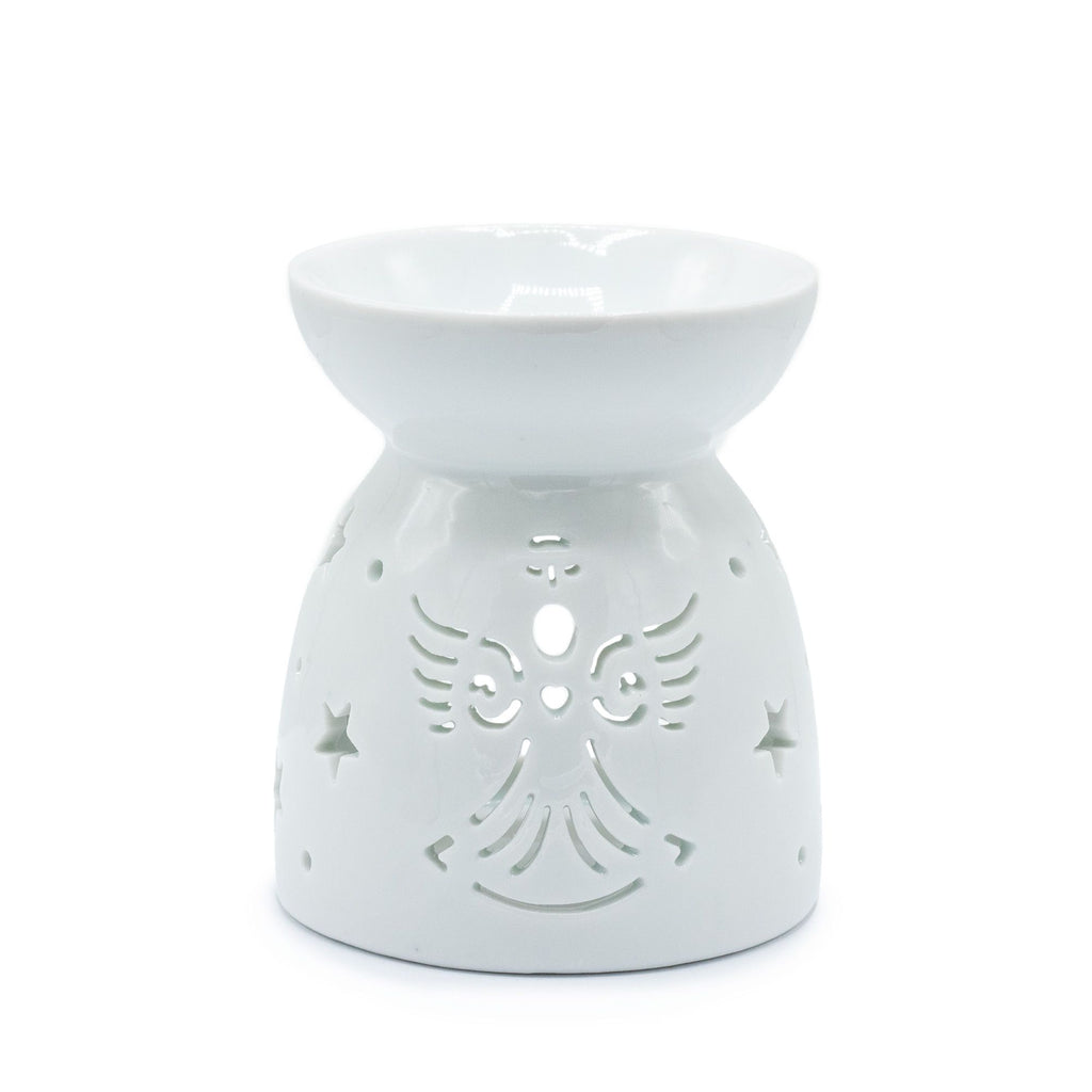 Elegant White Oil Burner with Angel Cut Out Design for Home Fragrance