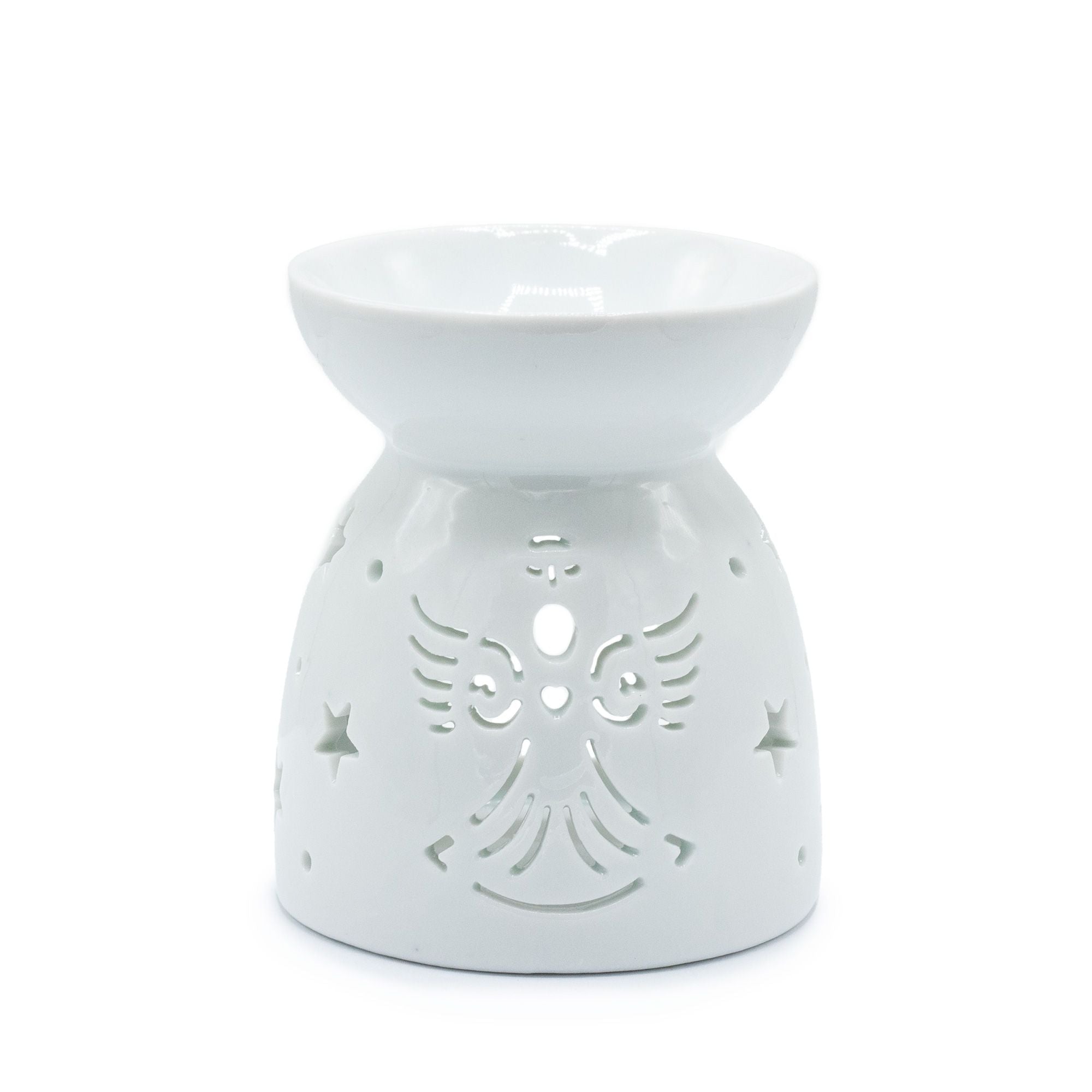 Elegant White Oil Burner with Angel Cut Out Design for Home Fragrance