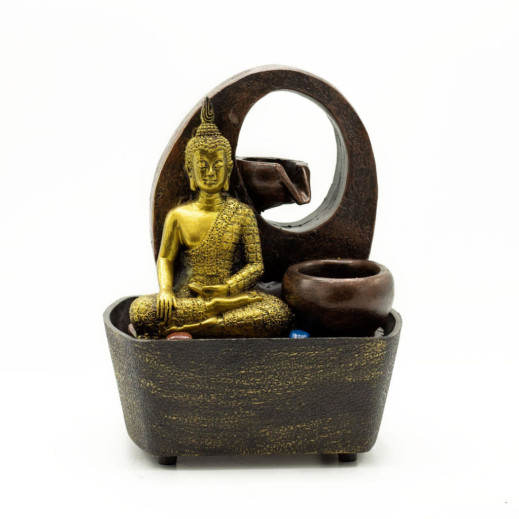 Tabletop Water Feature 21.5cm with Golden Buddha and Pots Design