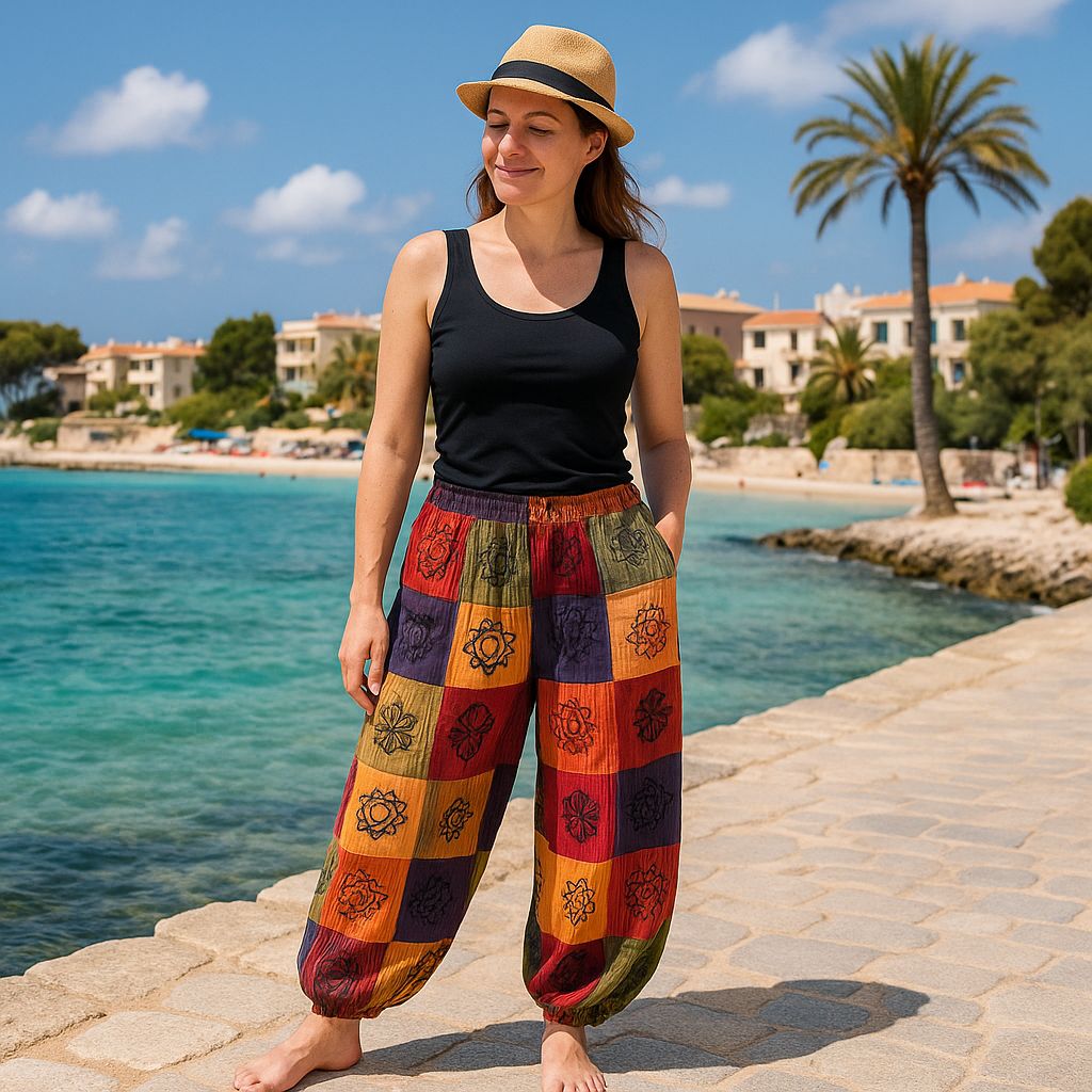 Nomad Sari Mushroom Pants with Block Print Designs in Orange Tones