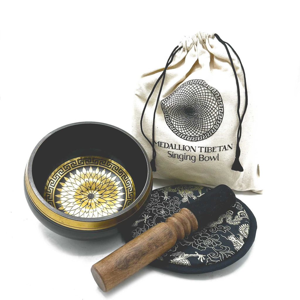 Hand Beaten Engraved Singing Bowl Gift Set with Mallet and Cushion