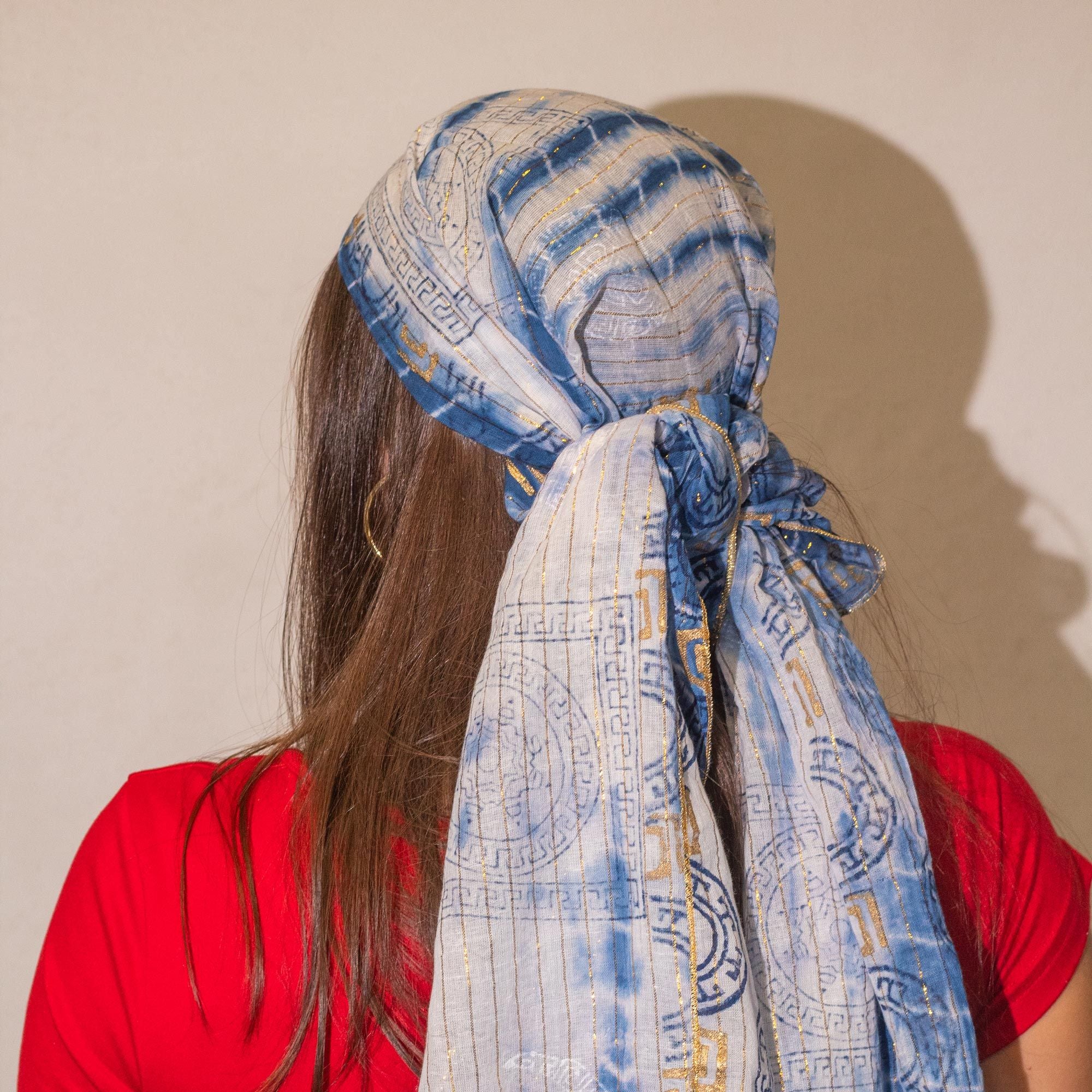 Nomad Sari Summer Marbella Print Scarf in Blue and Gold Design