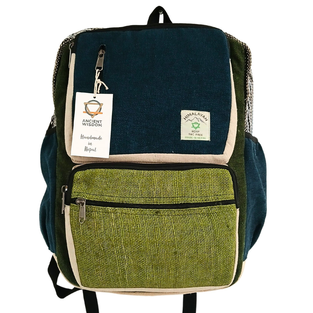 Large Boxy Hemp Backpack in Teal and Sage Colour Design