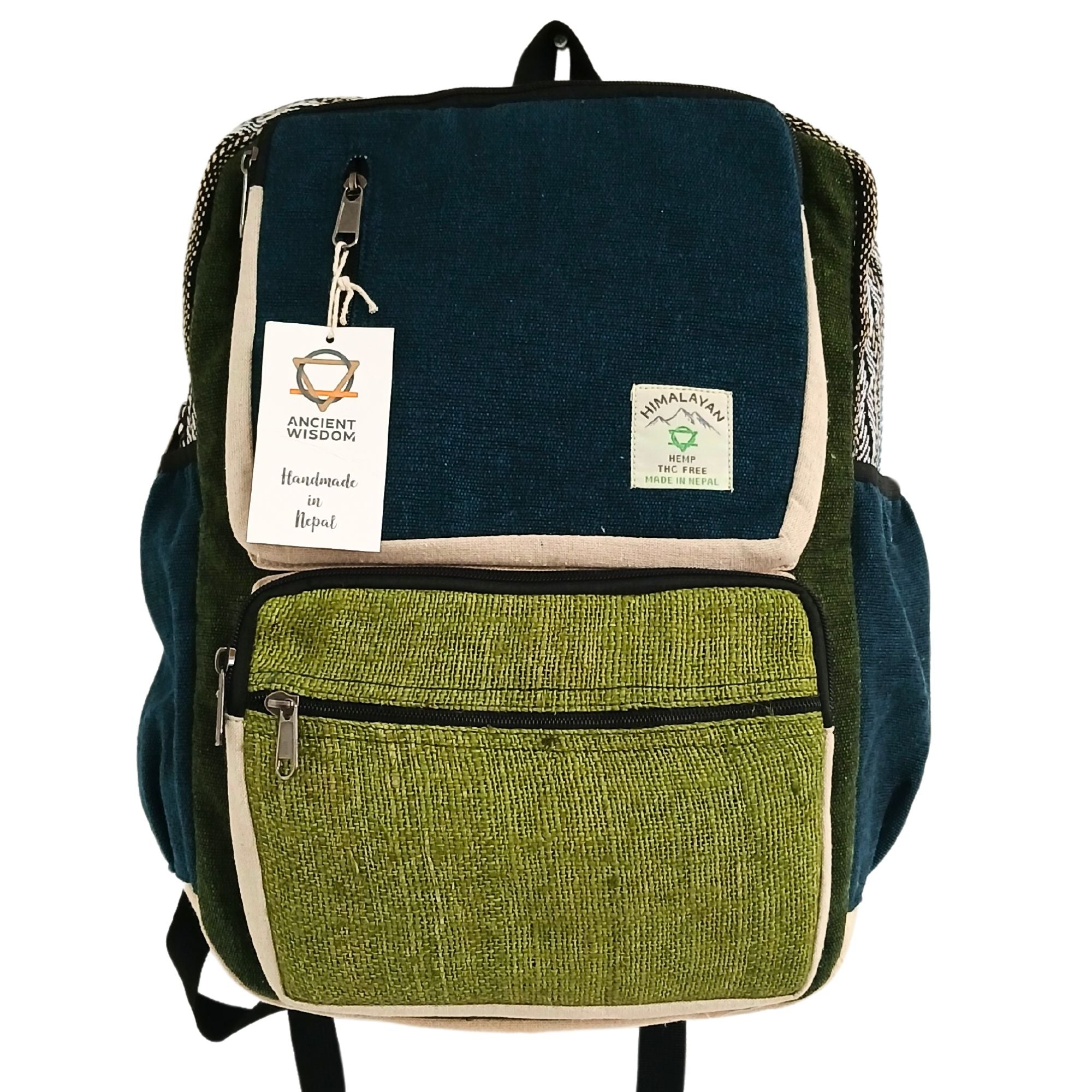 Large Boxy Hemp Backpack in Teal and Sage Colour Design