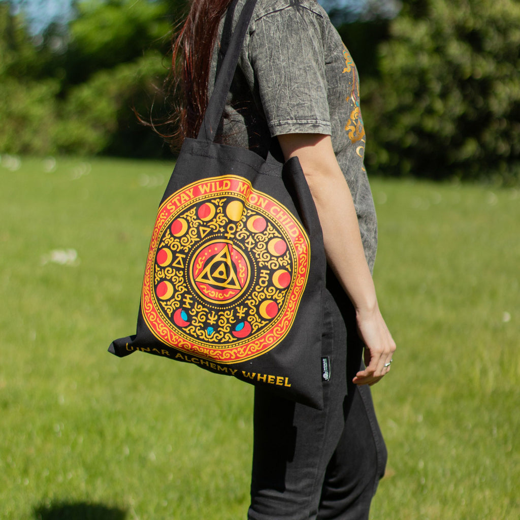 Iconic Classic Tote Bag with Luna Alchemy Wheel Design in Black