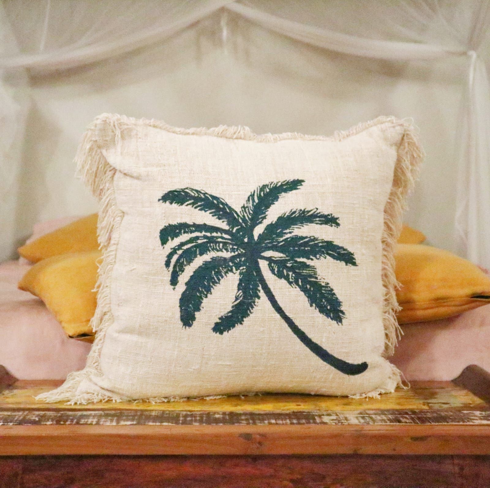 Linen Cushion Cover 60x60cm with Palm Tree and Fringe Design