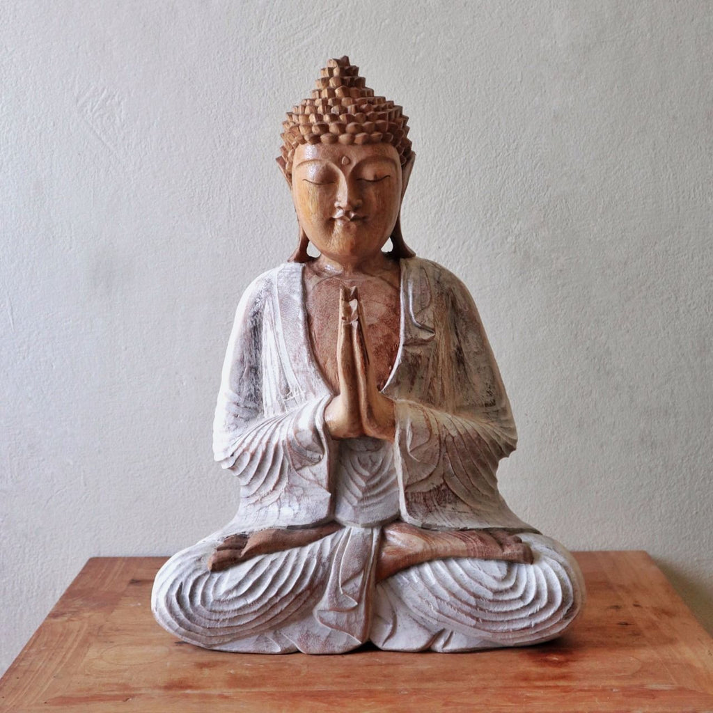 Buddha Statue Whitewash 40cm Welcome Hand Carved Design