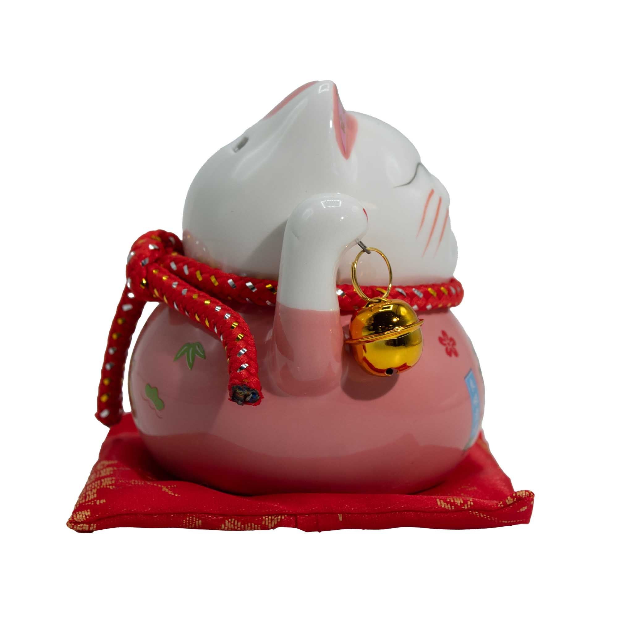 Ceramic Money Cat Bank in Pink on Cushion for Home Decor Display