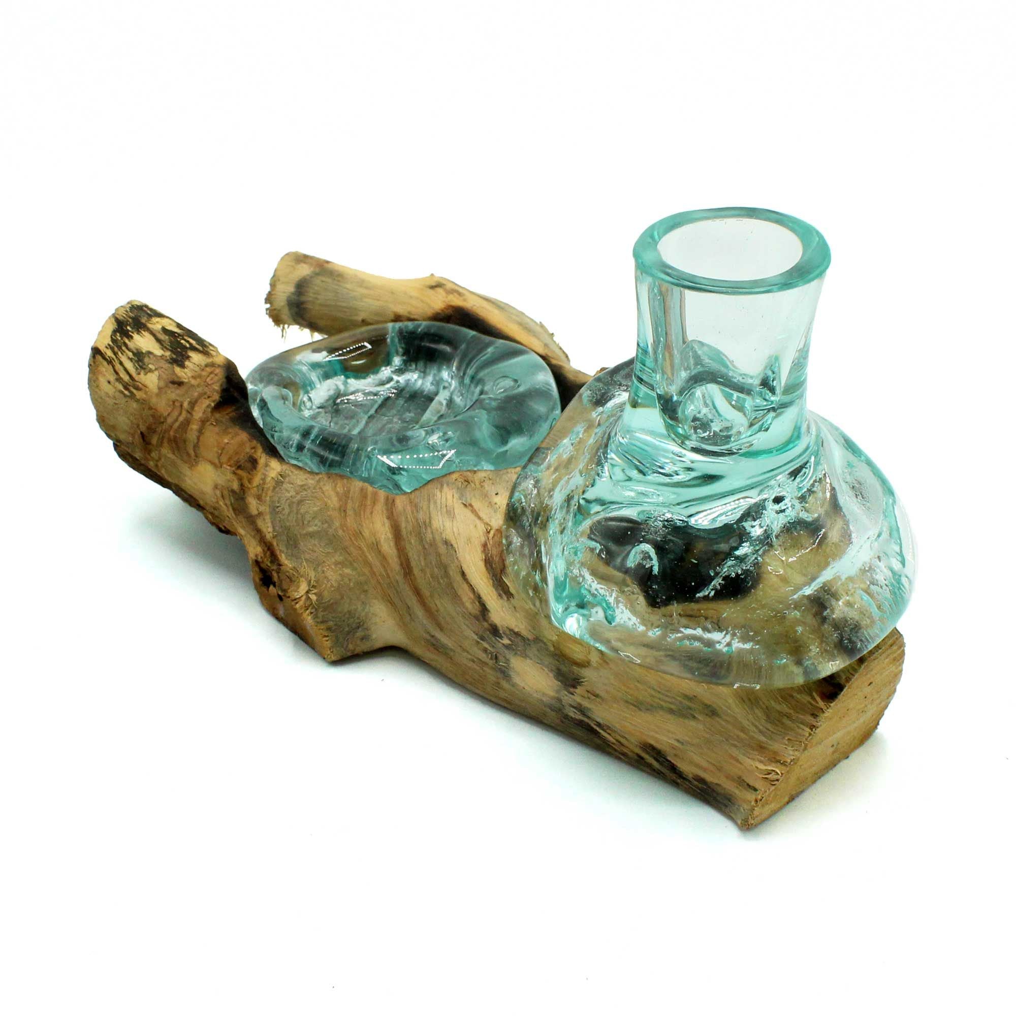 Molten Glass Small Flower Vase and Tealight Holder on Wood Base