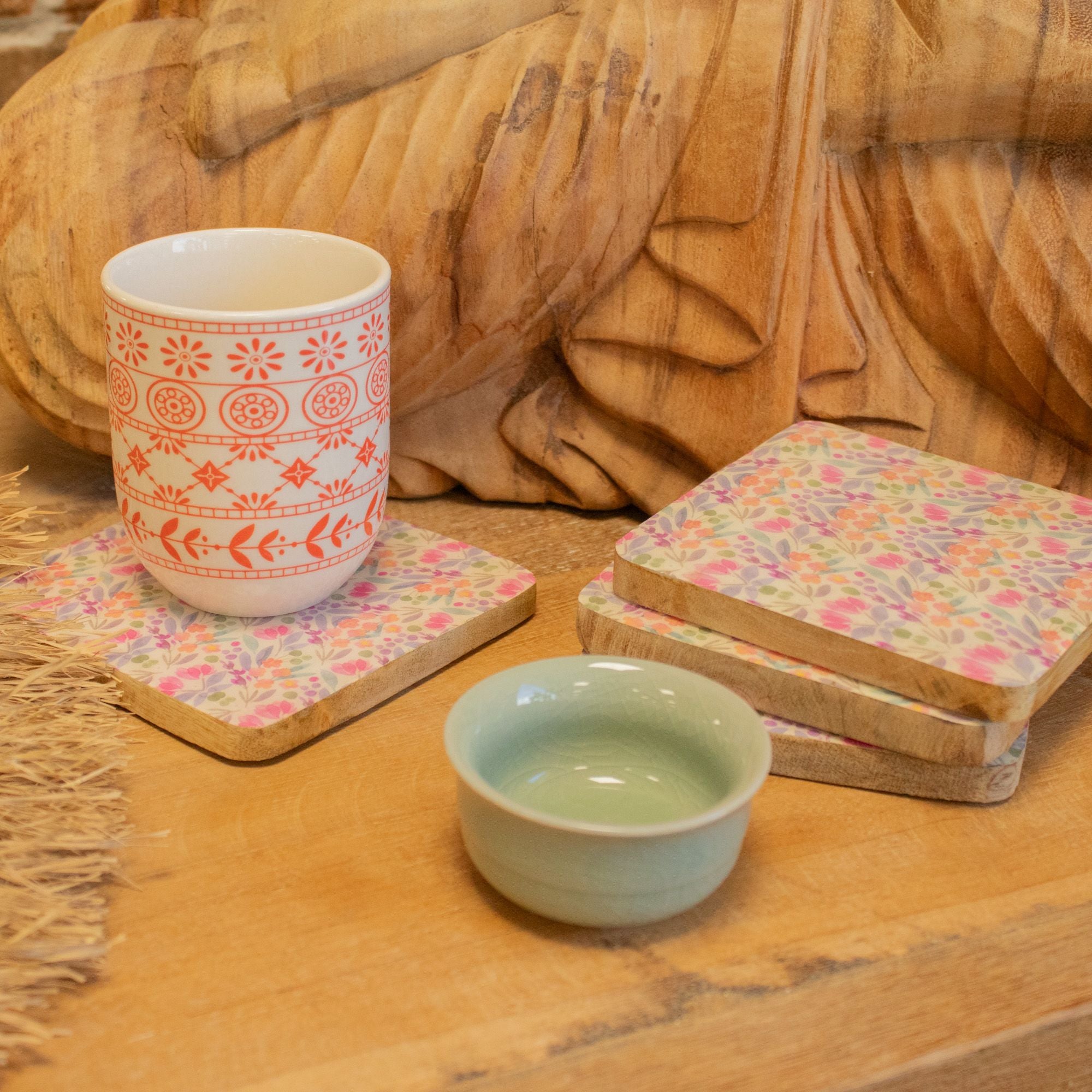Set of 4 Square Coasters with Floral Design for Home Decor