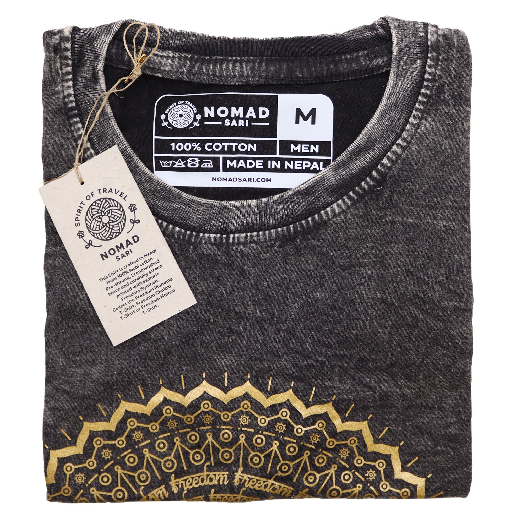 Nomad Sari Stonewashed Cotton T Shirt with Mandala Design Grey