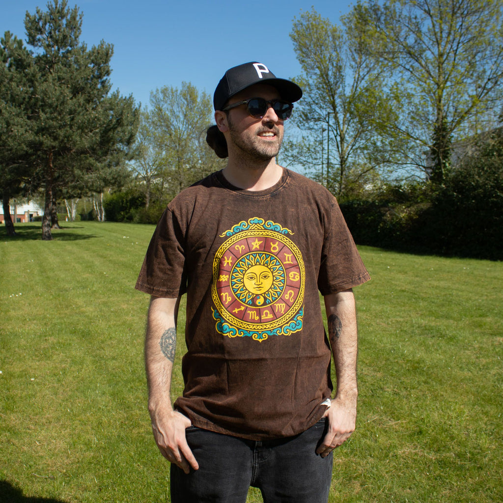 Nomad Sari Stonewashed Cotton T Shirt with Sun Zodiac Design