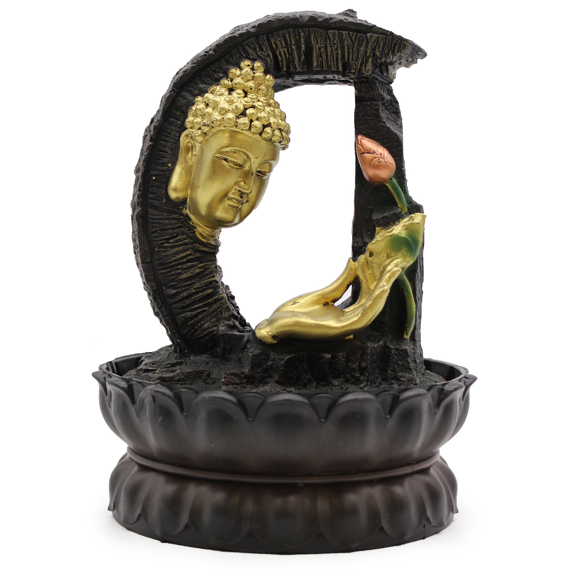 30cm Golden Buddha Tabletop Water Feature with Lotus Design
