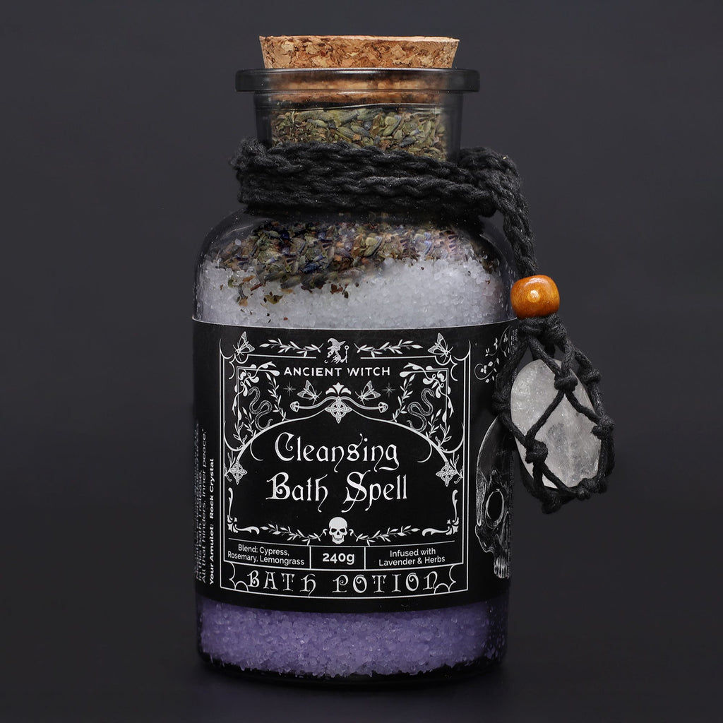 Ancient Witch Bath Spell Potion & Rock Crystal Amulet for Cleansing