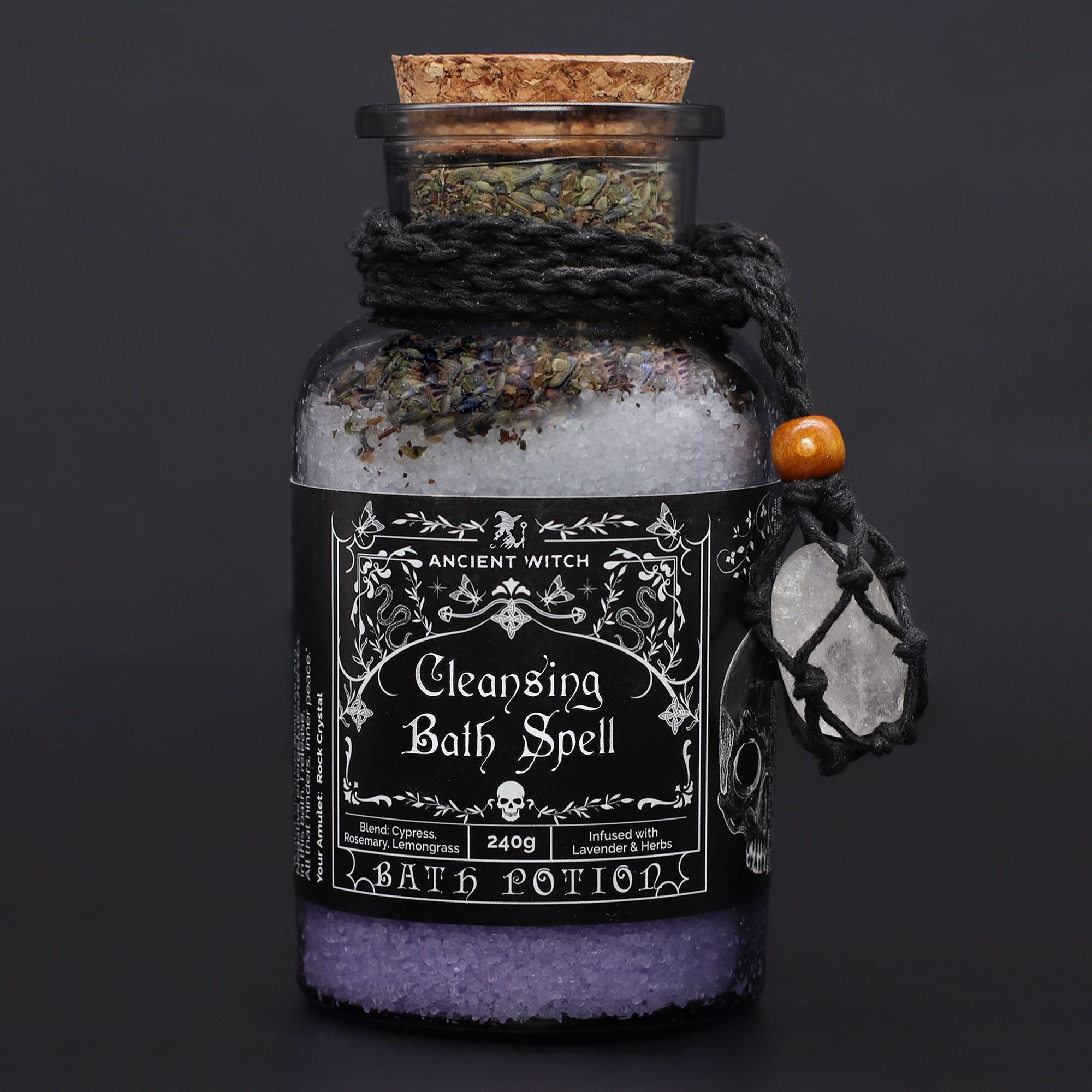 Ancient Witch Bath Spell Potion & Rock Crystal Amulet for Cleansing