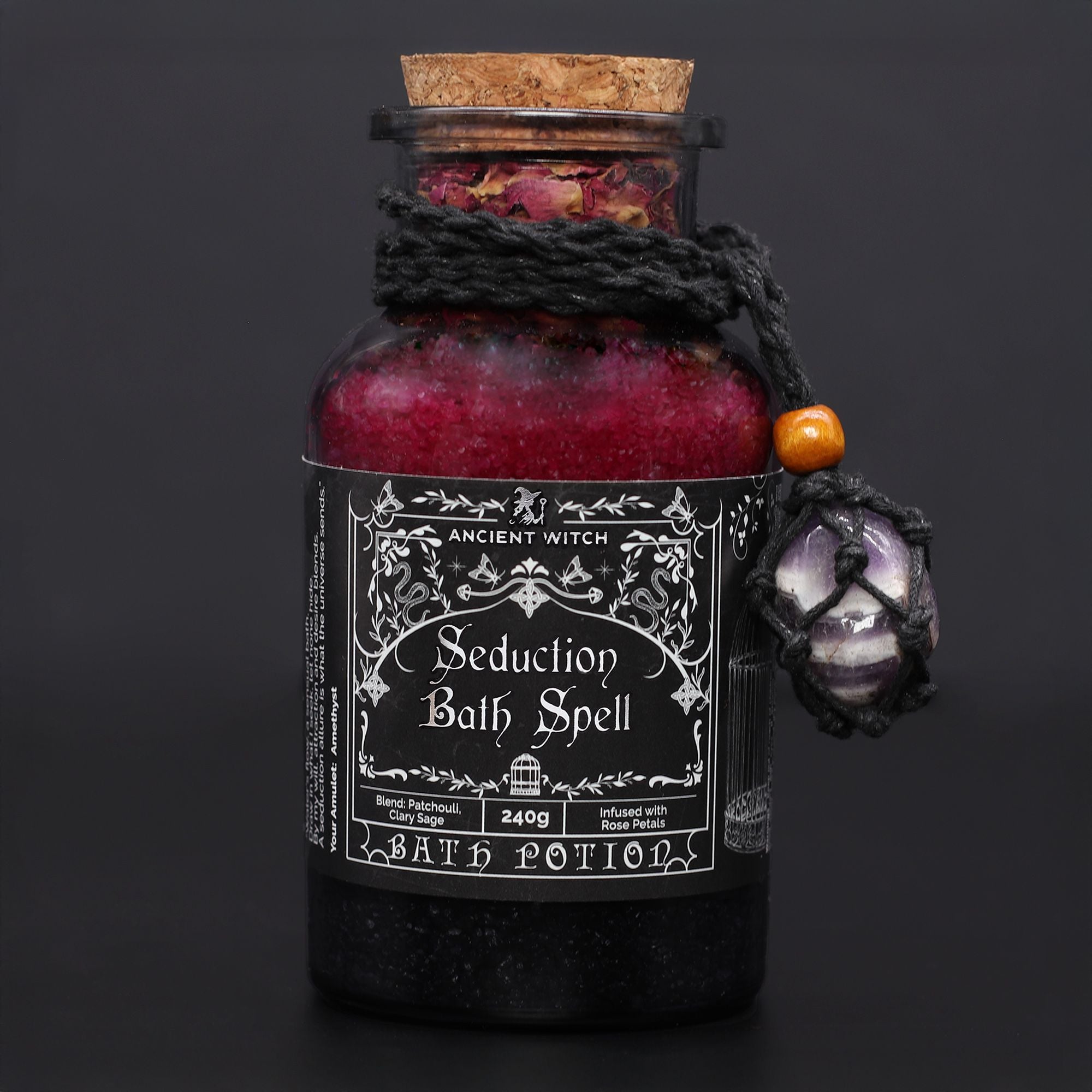 Seduction Bath Spell Potion & Amethyst Crystal Amulet for Rituals