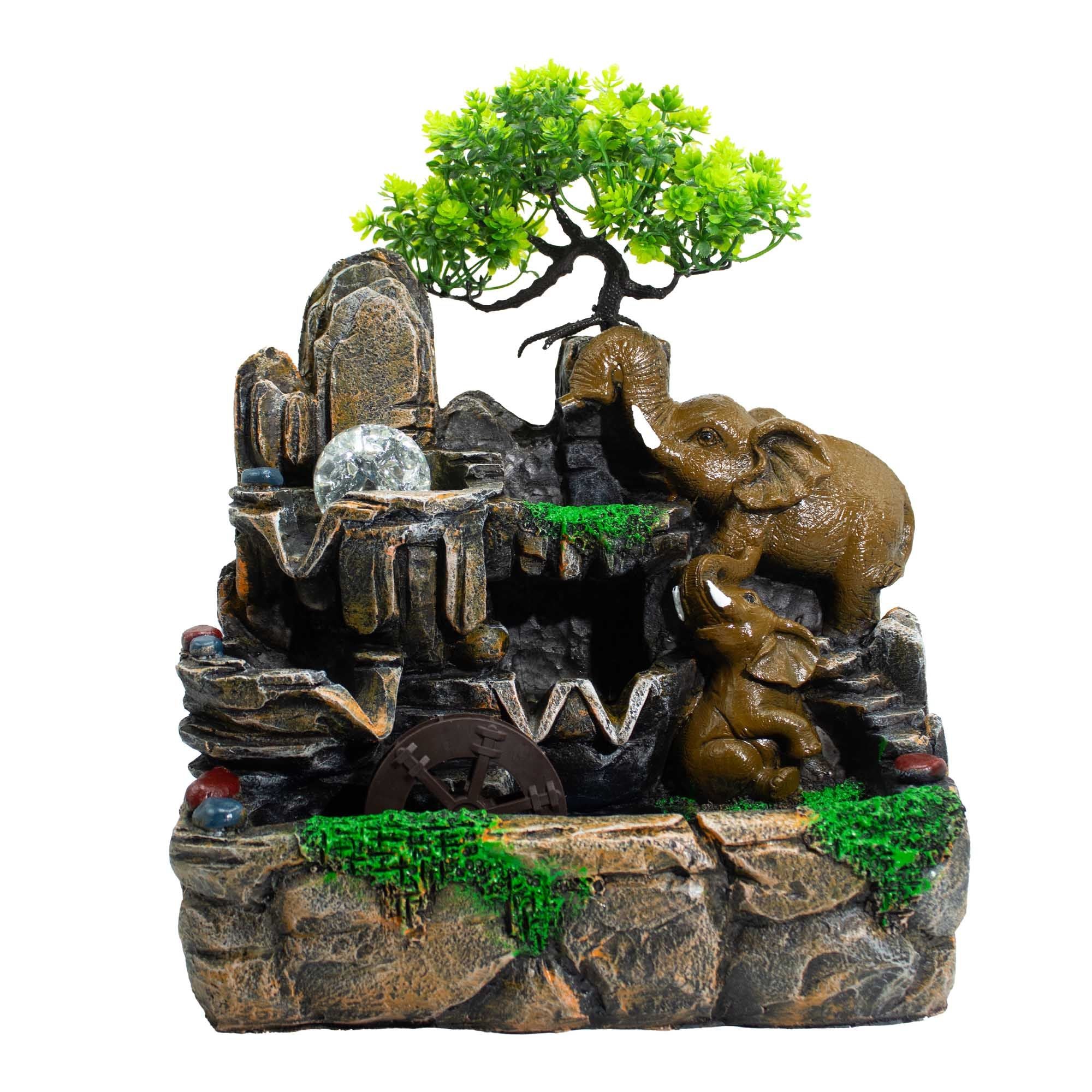 Elephants in Love Tabletop Water Feature with Light and Watermill