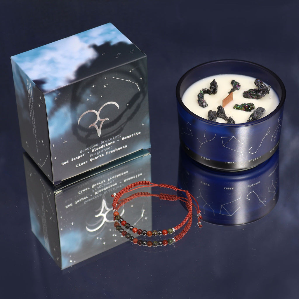 Zodiac Crystal Candle with Gemstone Bracelet for Aries Energy