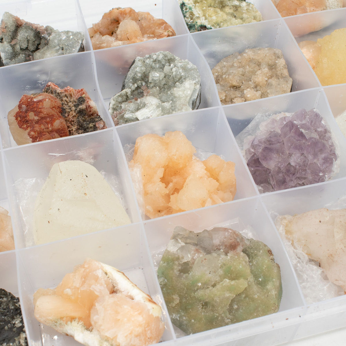 Mineral Specimens - Mixed Indian Zeolites in a Display (White Apophyllite, Stilbite,Finger Quartz, Amethyst, Green Stilbite, Heulandite)