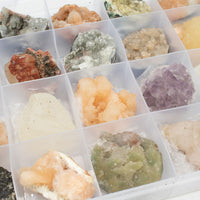Mineral Specimens - Mixed Indian Zeolites in a Display (White Apophyllite, Stilbite,Finger Quartz, Amethyst, Green Stilbite, Heulandite)