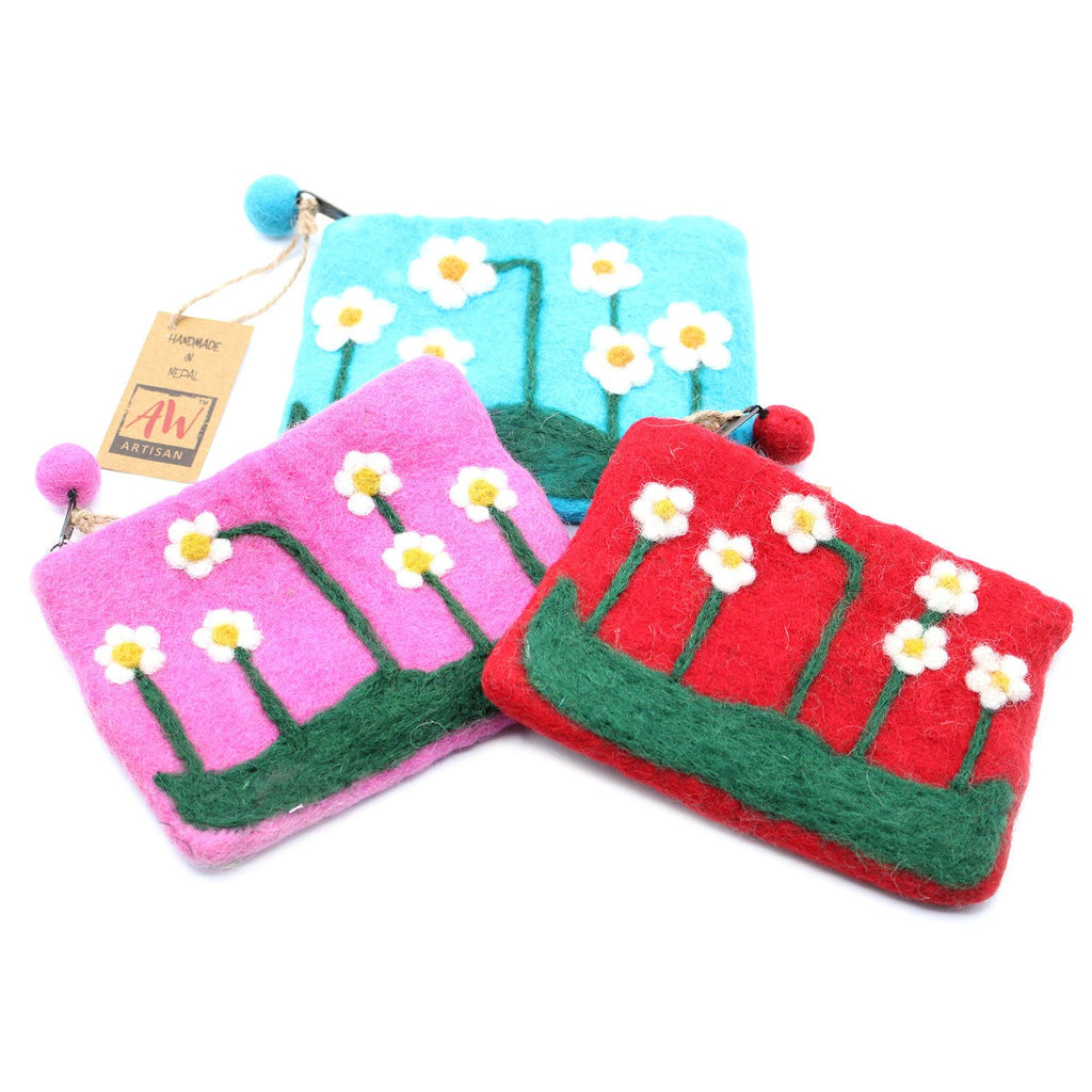 Natural Felt Zipper Pouch with Flower Garden Design Assortment