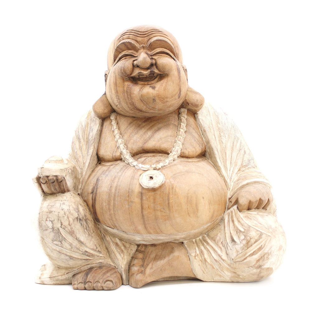 Happy Buddha Whitewash Hand Carved Statue 40cm for Home Decor