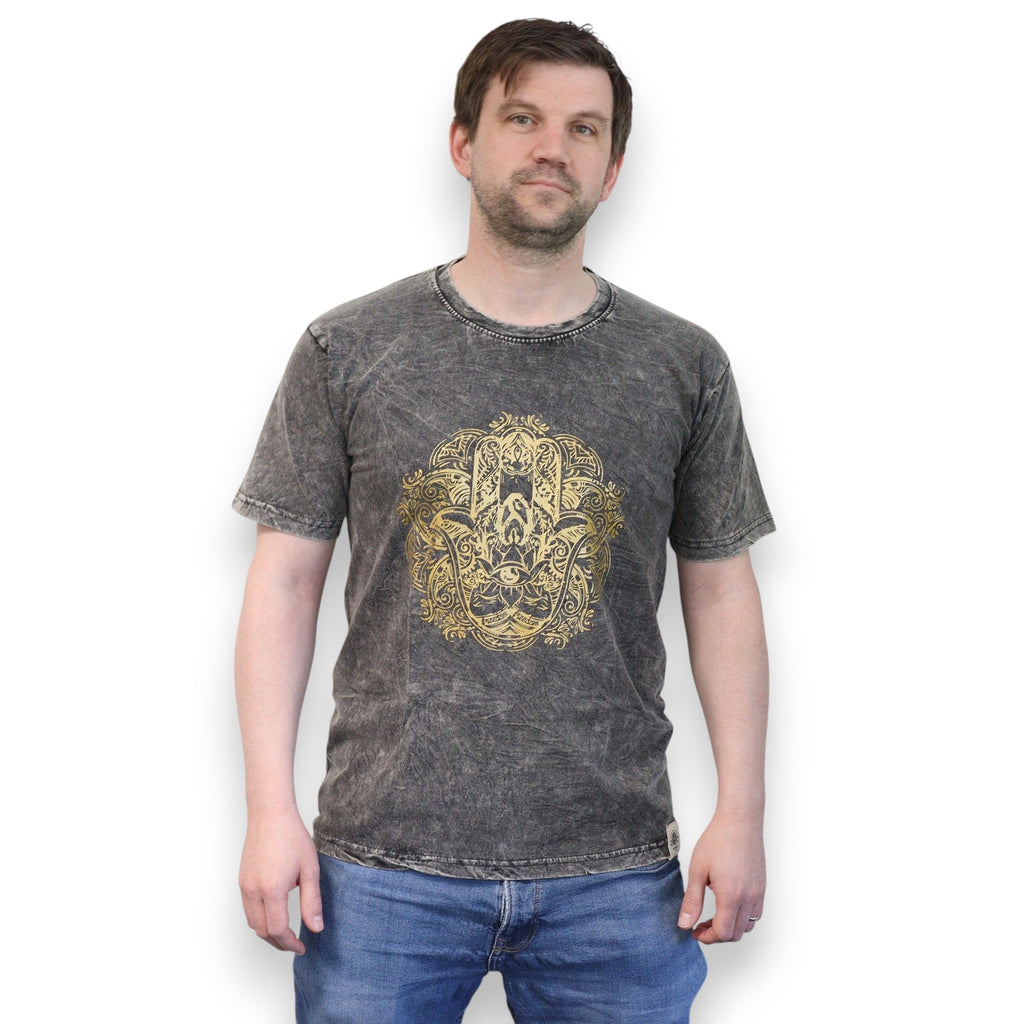 Nomad Sari Stonewashed Cotton T Shirt with Hamsa in Dark Grey